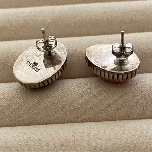 Vintage Sterling Silver Pink Opal Gemstone Stud Earrings - Picture 8 of 9